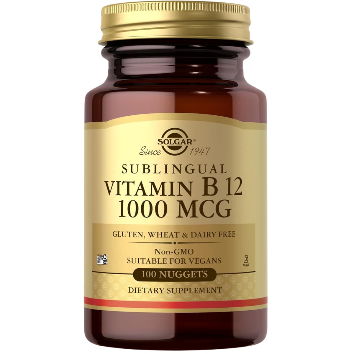 Frasco de suplemento Solgar Vitamina B12 1000 mcg 100 nuggets
