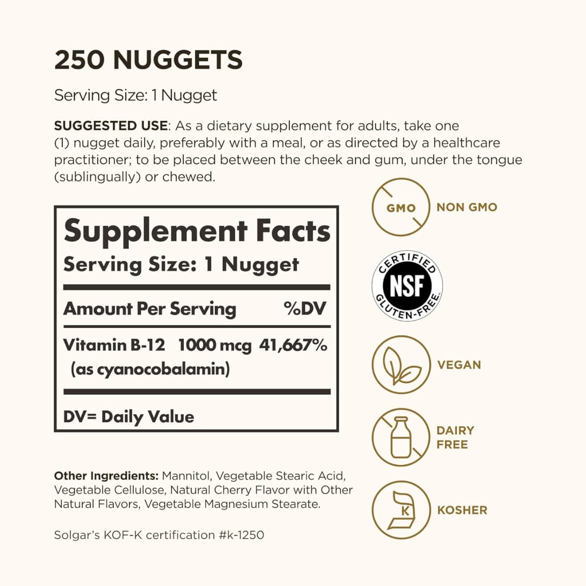 Tabla nutricional del suplemento Solgar Vitamina B12 1000 mcg 250 nuggets