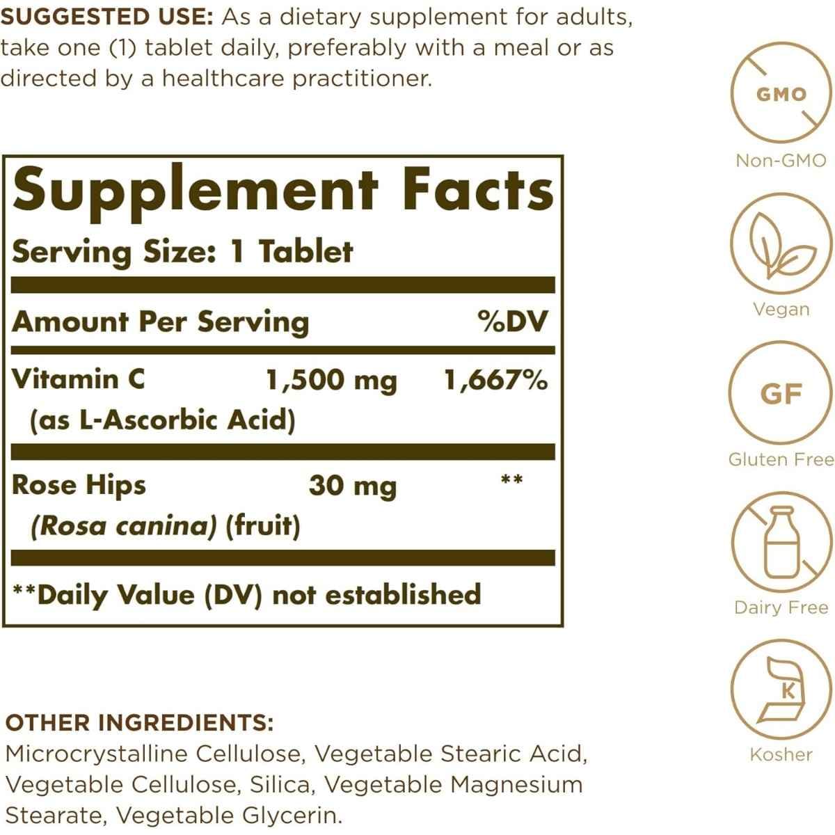 Tabla nutricional del suplemento Solgar Vitamina C 1500 mg 180 tabletas