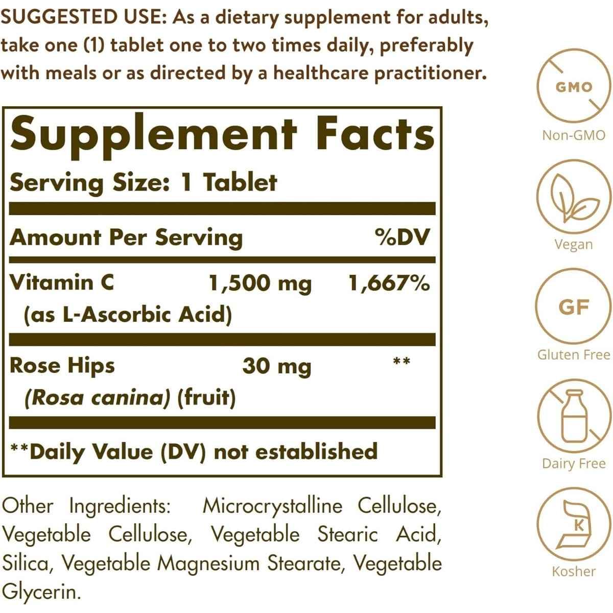 Tabla nutricional del suplemento Solgar Vitamina C 1500 mg 90 tabletas