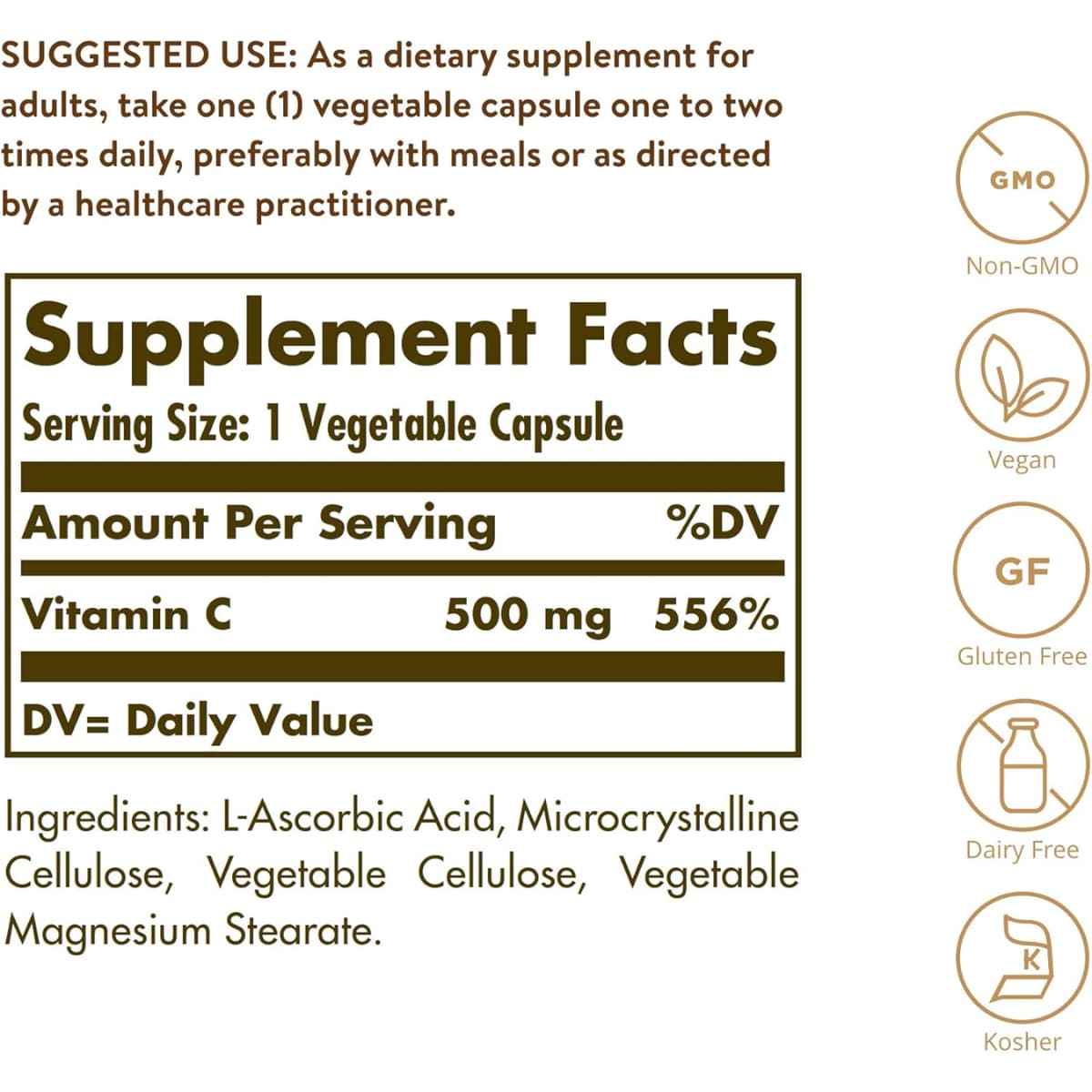 Tabla nutricional del suplemento Solgar Vitamina C 500 mg 250 cápsulas vegetales
