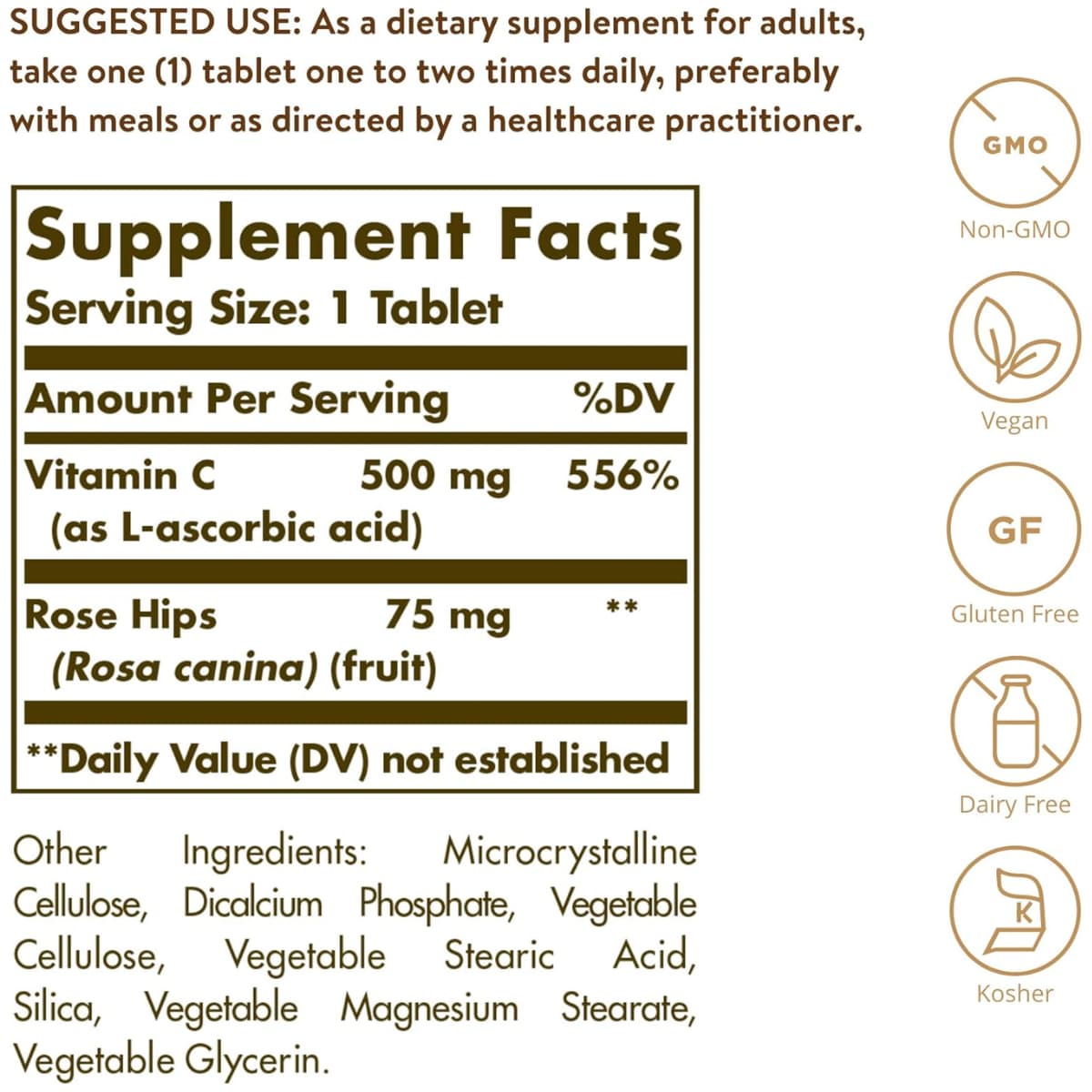 Tabla nutricional del suplemento Solgar Vitamina C con Escaramujo 500 mg 250 tabletas