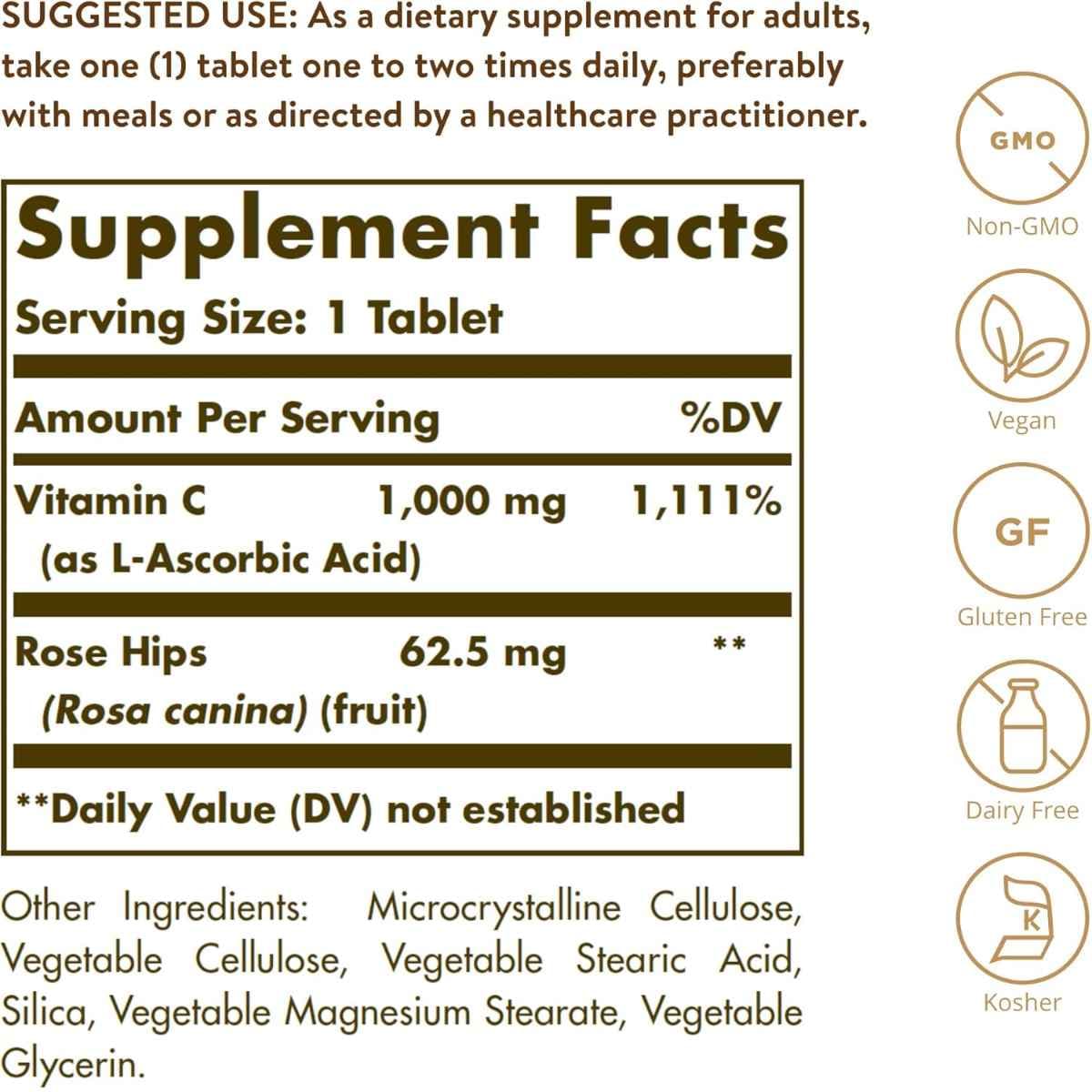 Tabla nutricional del suplemento Solgar Vitamina C con Rosa Mosqueta 1000 mg 250 tabletas