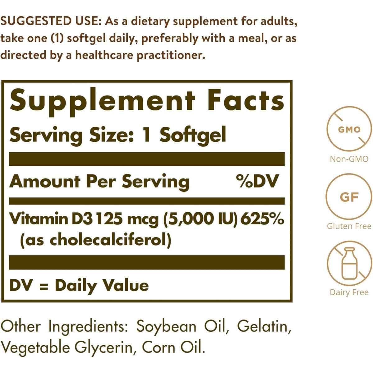 Tabla nutricional del suplemento Solgar Vitamina D3 125 mcg 100 capsulas blandas