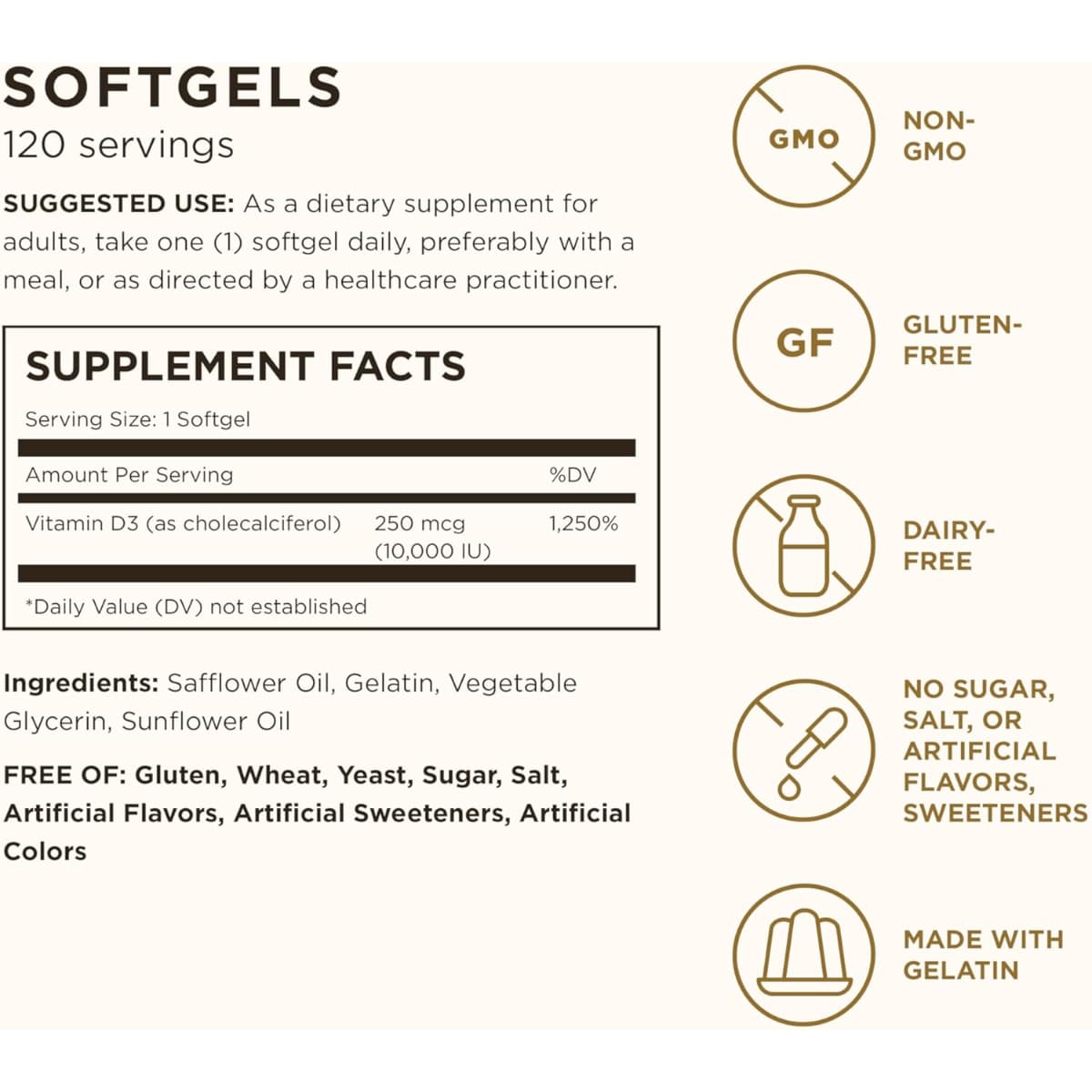 Tabla nutricional del suplemento Solgar Vitamina D3 250 mcg 120 cápsulas blandas