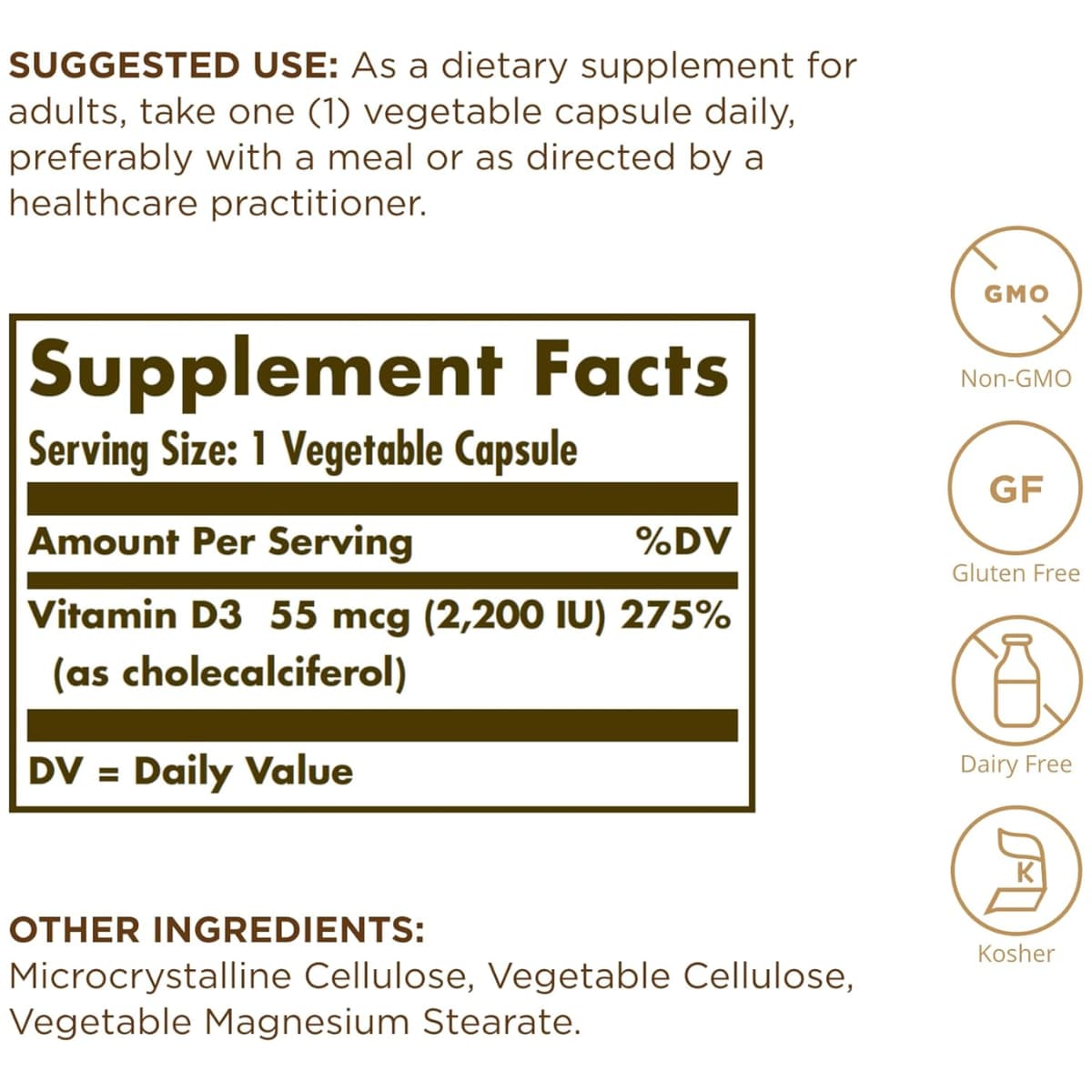 Información del suplemento de Solgar vitamina D3 55 mcg / 2200 IU, presentación de 100 cápsulas vegetales