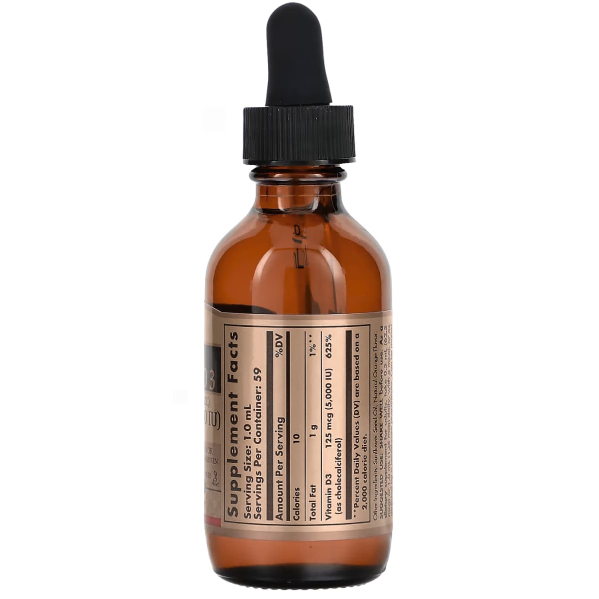 Tabla nutricional del suplemento Solgar Vitamina D3 Naranja Natural 59 ml