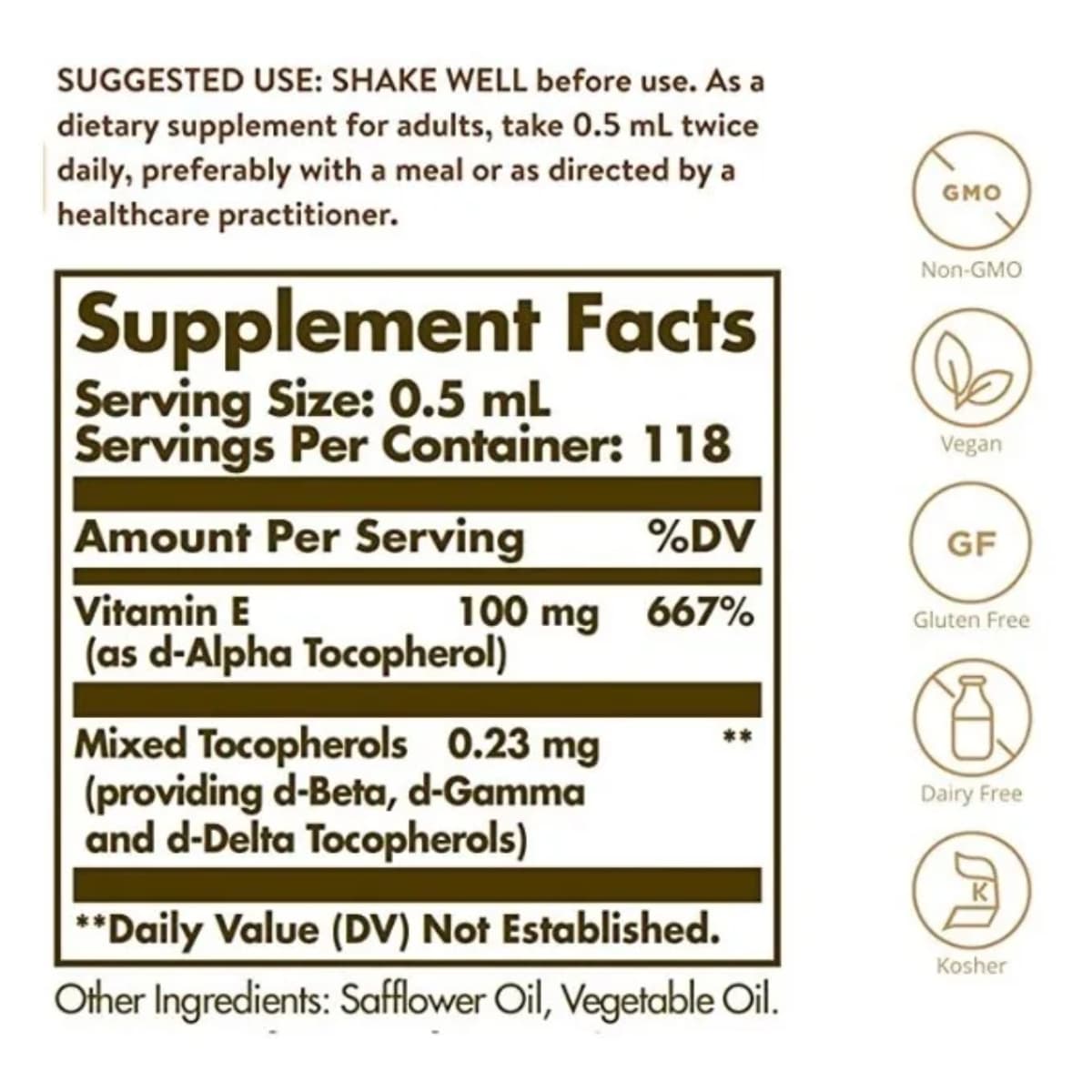 Tabla nutricional del suplemento Solgar Vitamina E Líquida 59 mL