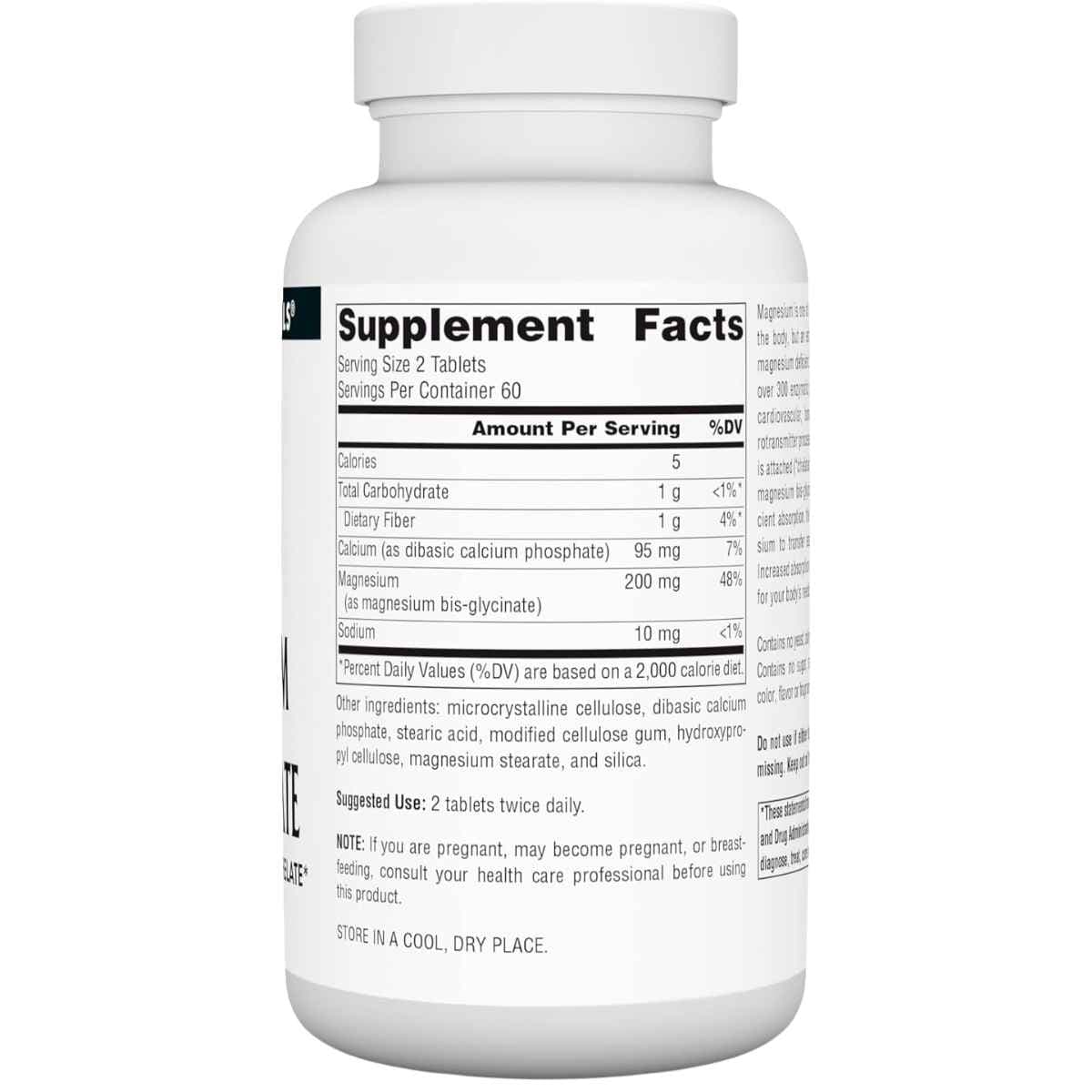 Información del suplemento de Source Naturals bisglicinato de magnesio, 120 tabletas