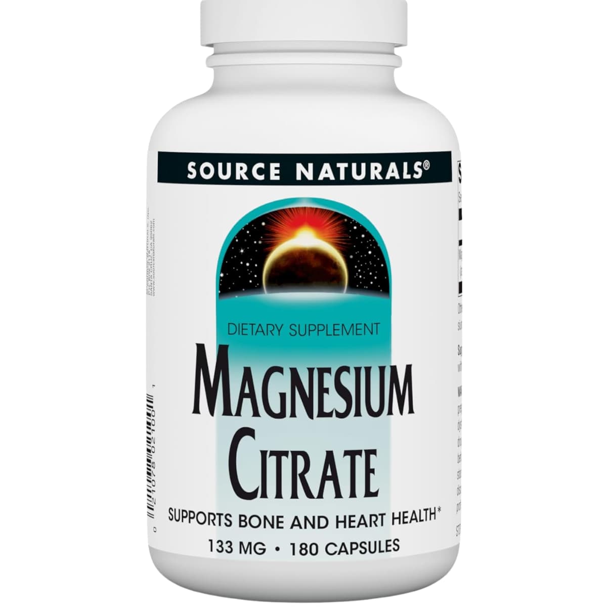 Frasco de suplemento Source Naturals Citrato de Magnesio 133 mg 180 cápsulas