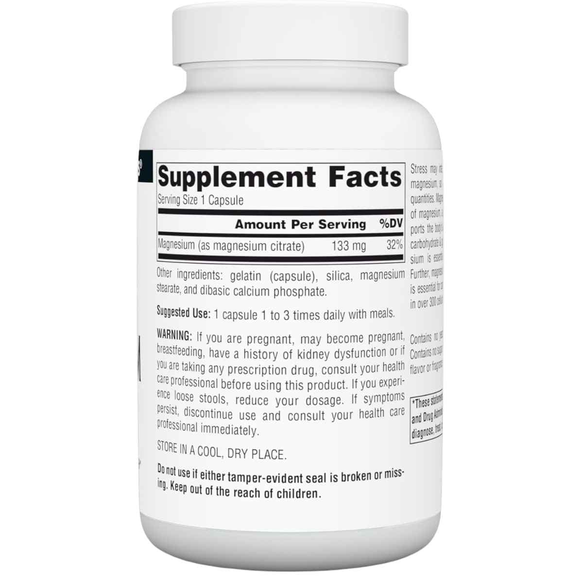 Tabla nutricional del suplemento Source Naturals Citrato de Magnesio 133 mg 90 cápsulas
