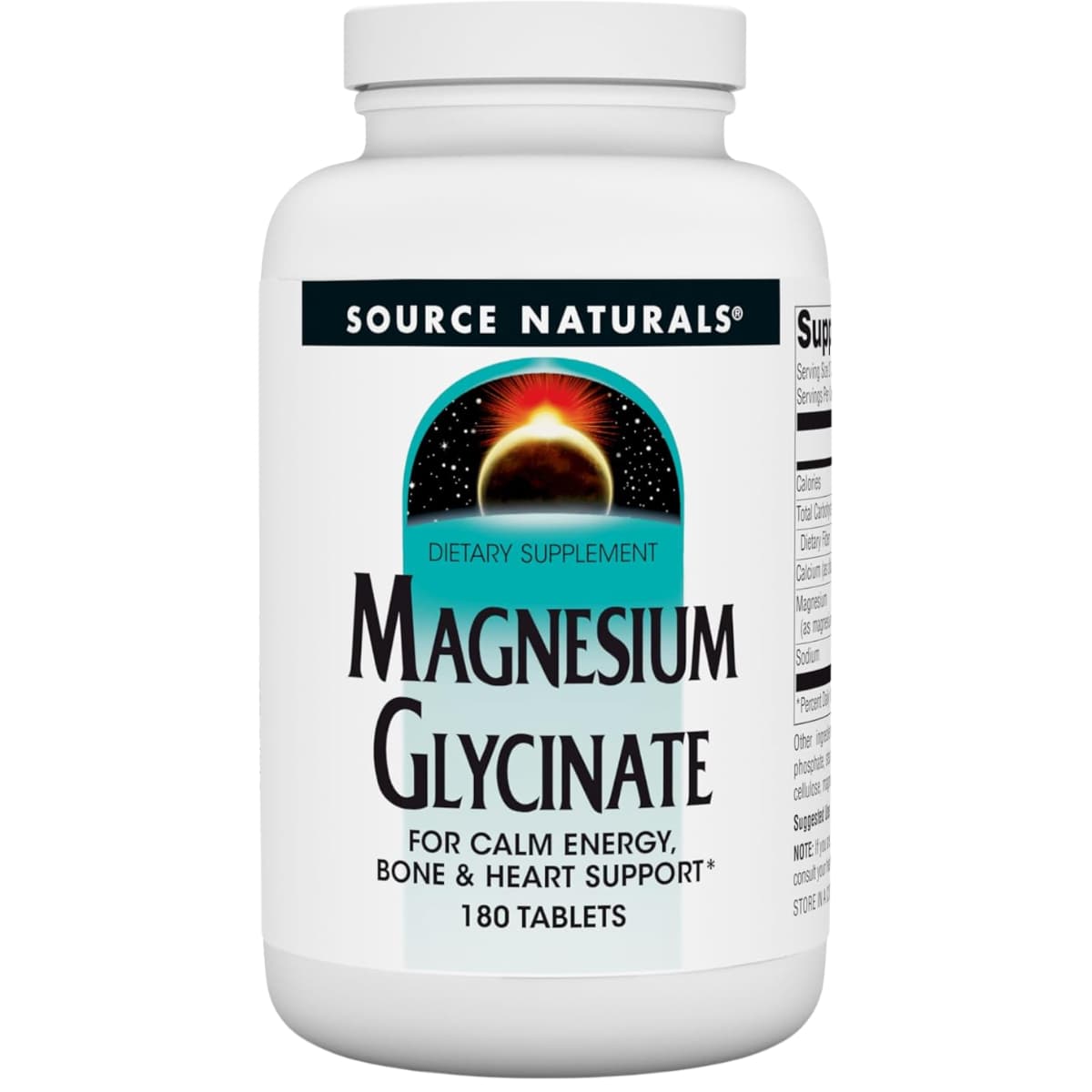 Frasco de suplemento Source Naturals Glicinato de Magnesio 200 mg 180 tabletas