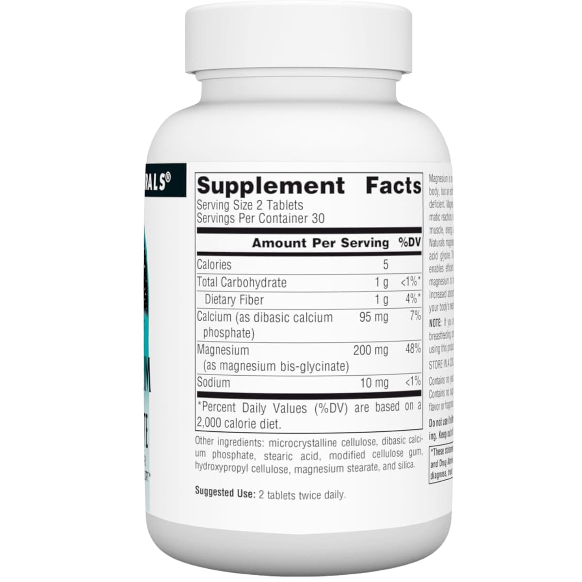 Tabla nutricional del suplemento Source Naturals Glicinato de Magnesio 200 mg 60 tabletas