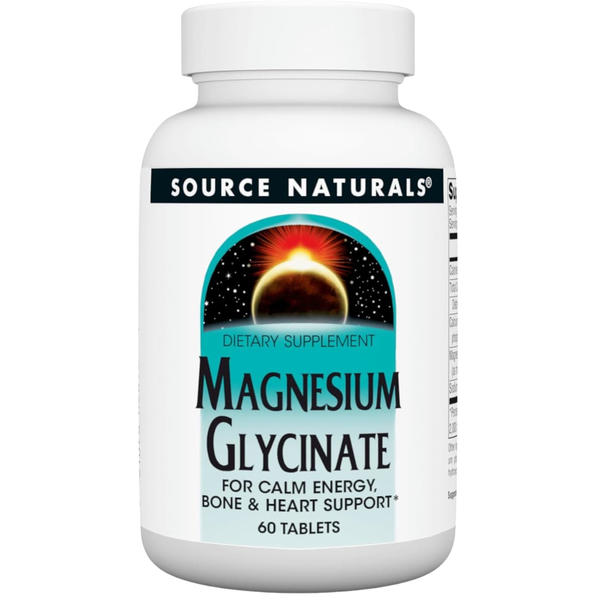 Frasco de suplemento Source Naturals Glicinato de Magnesio 200 mg 60 tabletas