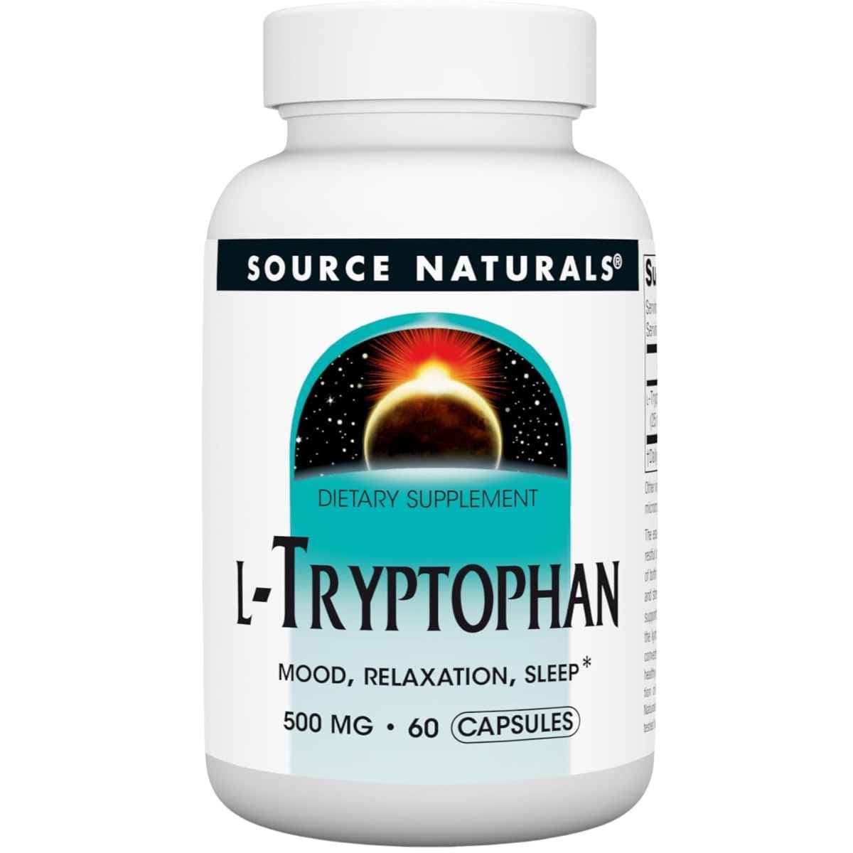 Frasco de suplemento Source Naturals L-Triptófano 500 mg 60 cápsulas
