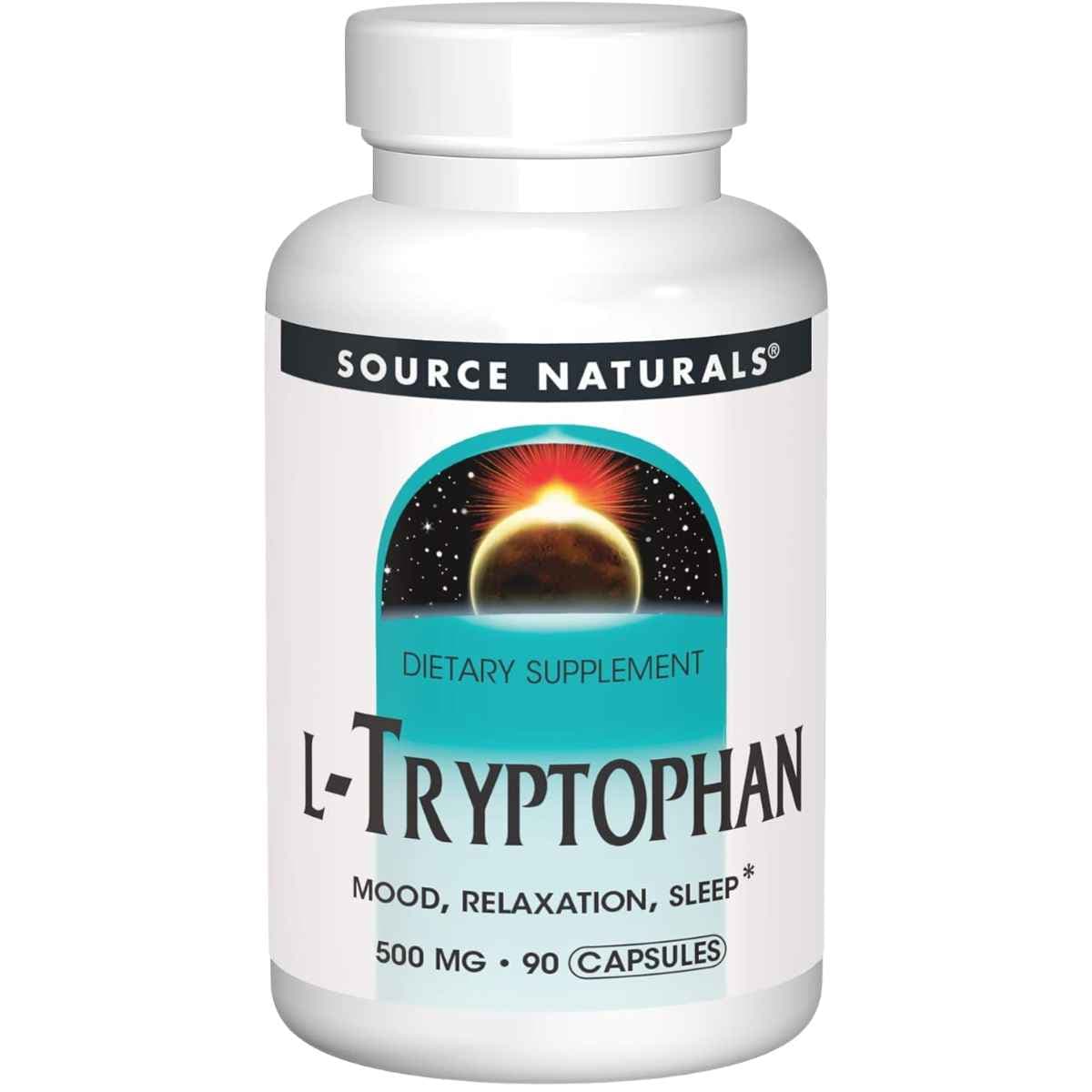 Frasco de suplemento Source Naturals L-Triptófano 500 mg 90 cápsulas