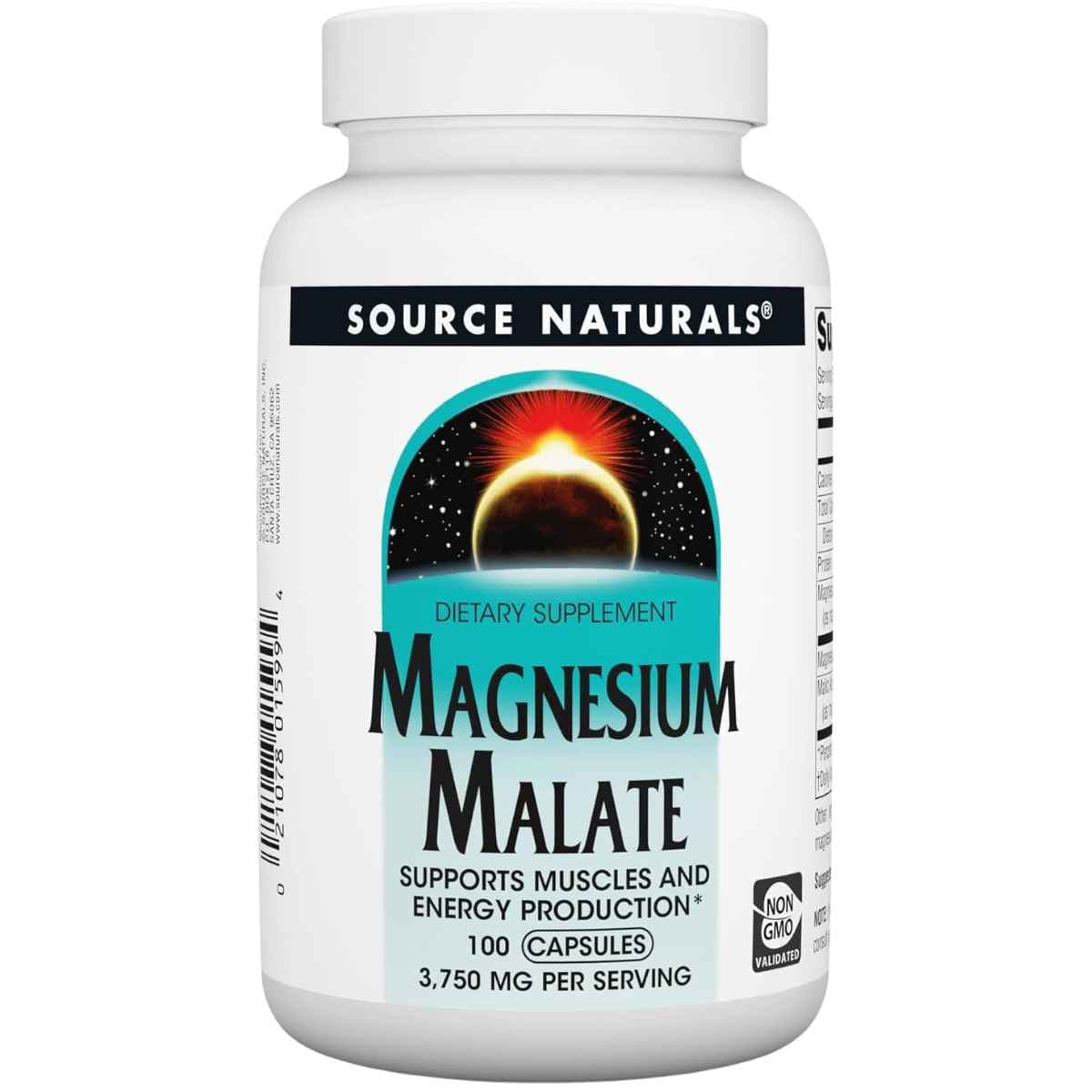 Frasco de malato de magnesio en cápsulas de la marca Source Naturals, presentación de 100 cápsulas