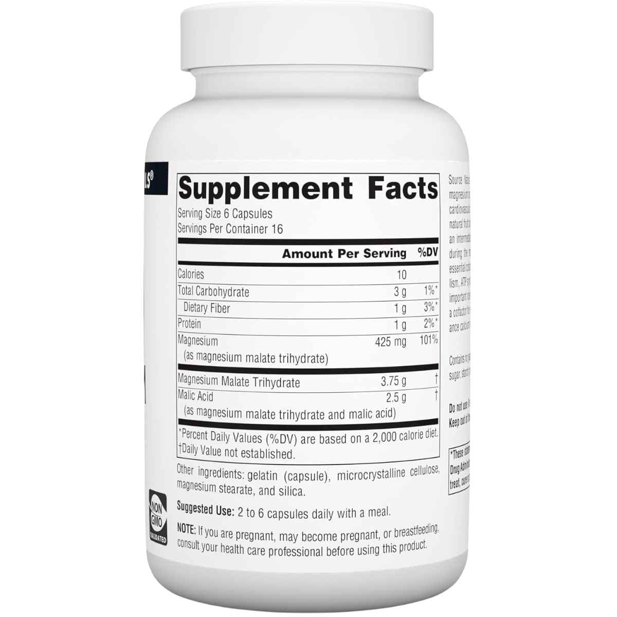 Tabla nutricional del suplemento Source Naturals malato de magnesio con información de ingredientes y valores por porción