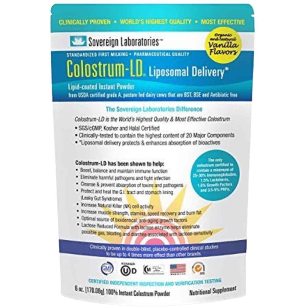 Bolsa de suplemento Sovereign Laboratories Calostro-LD 170g Sabor Vainilla