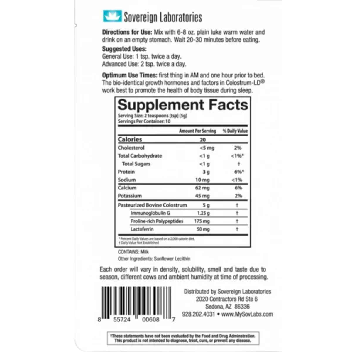 Tabla nutricional del suplemento Sovereign Laboratories Calostro-LD 50g Sabor Vainilla