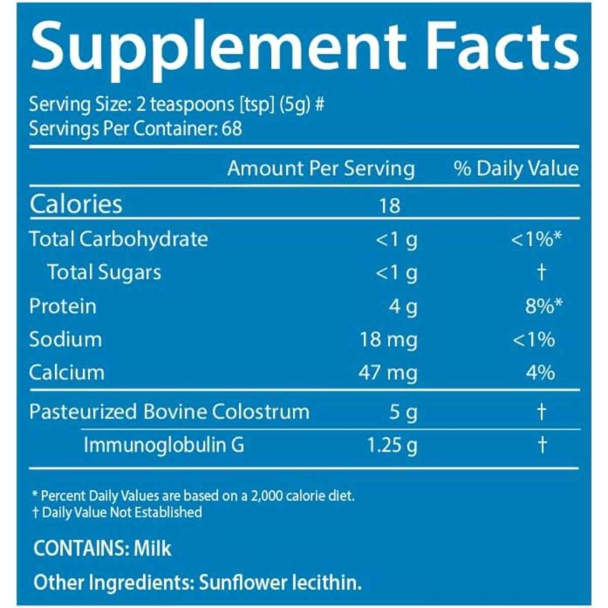 Tabla nutricional del suplemento Sovereign Laboratories Calostro-LD Natural 453 gramos