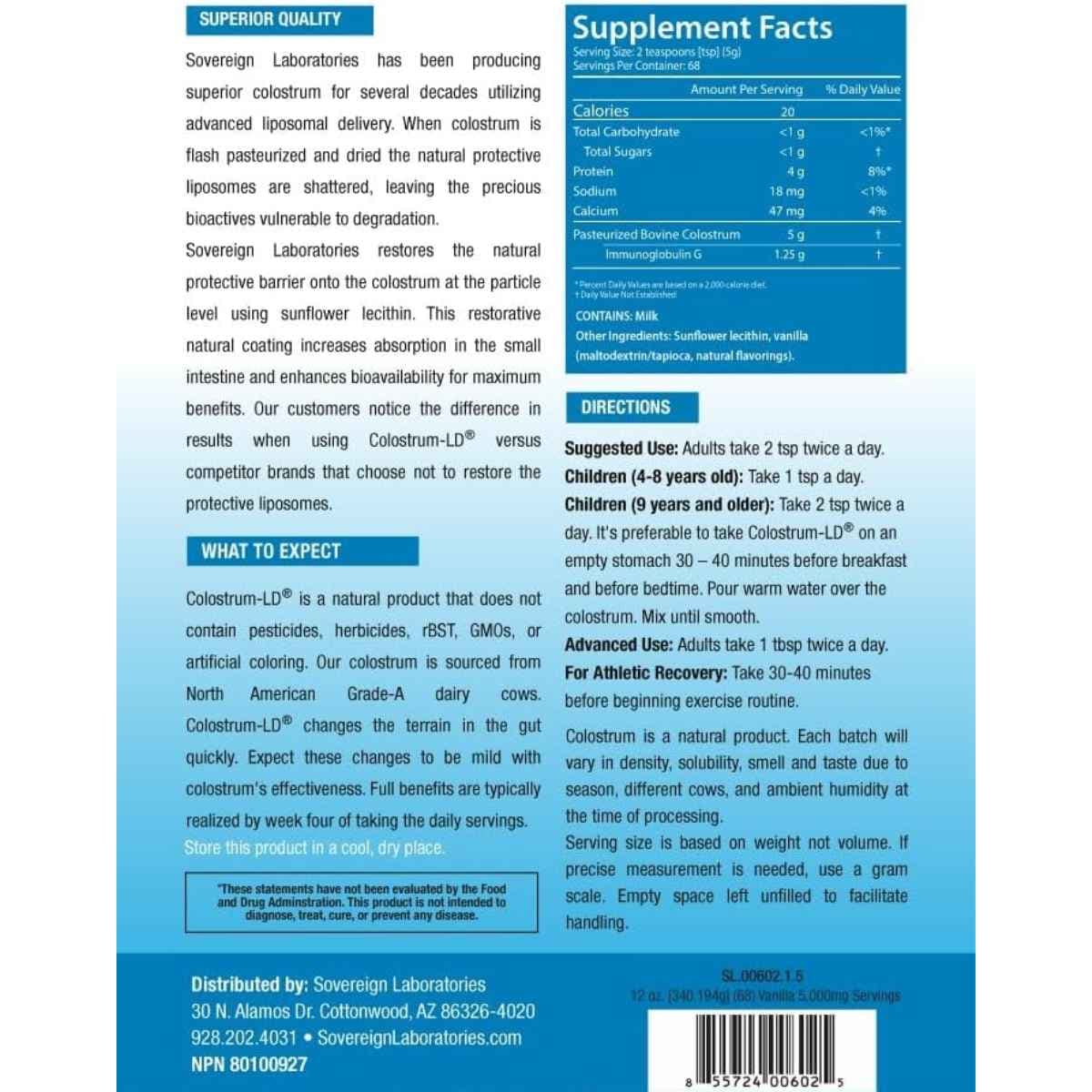 Tabla nutricional del suplemento Sovereign Laboratories Calostro-LD Sabor Vainilla 453 gramos