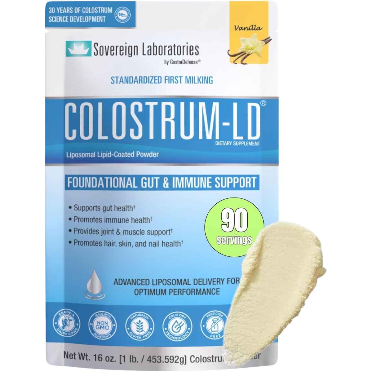 Bolsa de suplemento Sovereign Laboratories Calostro-LD Sabor Vainilla 453 gramos