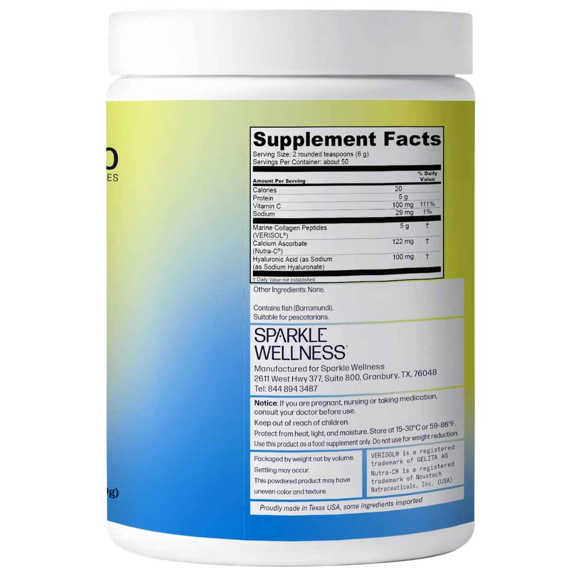 Frasco de suplemento Sparkle Wellness Skin Boost Plus Colágeno Marino 300