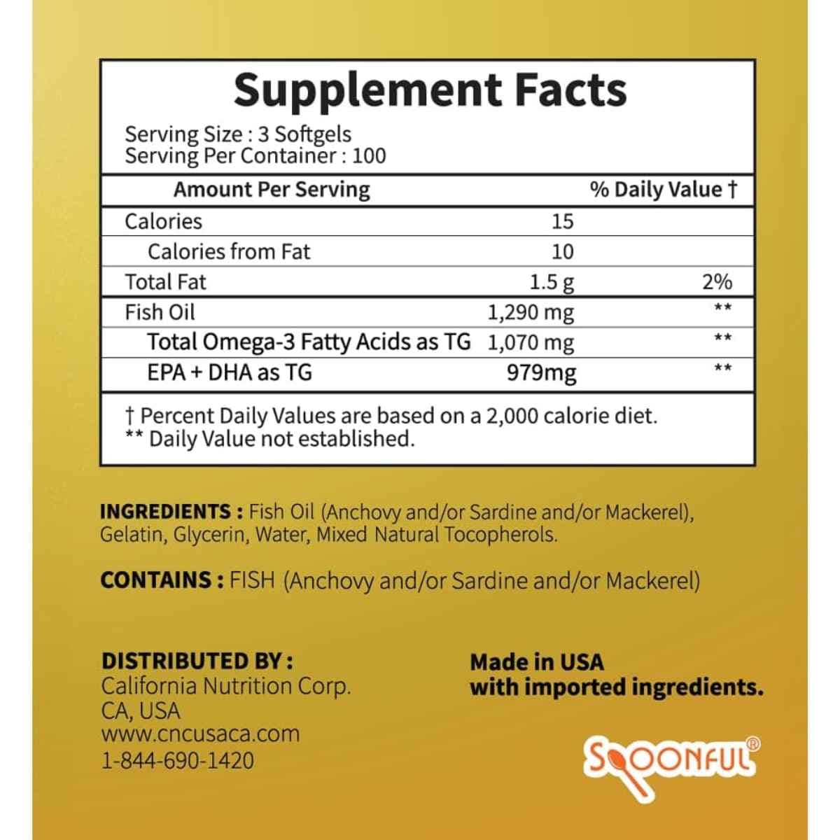 Etiqueta de suplemento de Spoonful Mini Omega 3, presentación de 300 cápsulas blandas