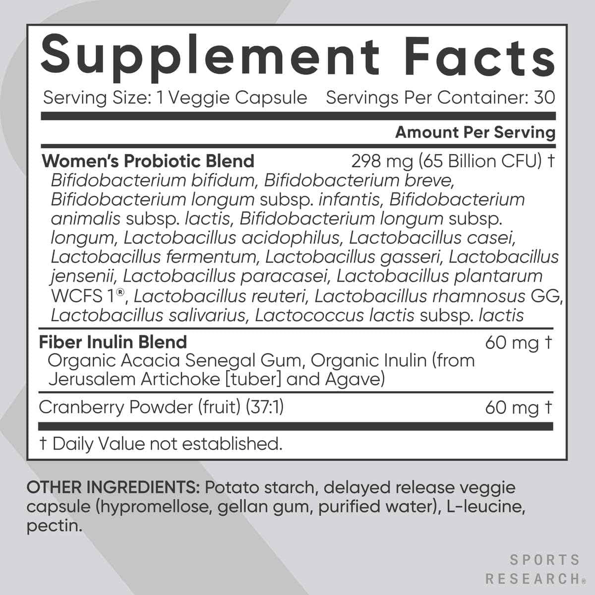 Tabla nutricional del suplemento Sports Research Probióticos Mujer 30 cápsulas