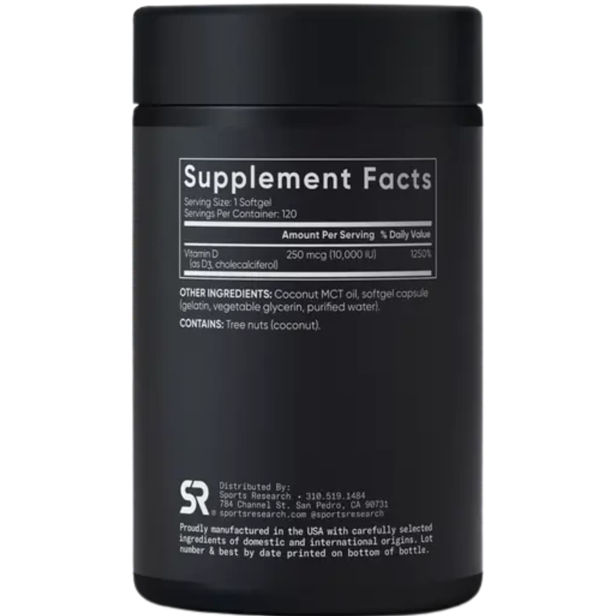 Tabla nutricional del suplemento Sports Research Vitamina D3 250 mcg 120 cápsulas blandas