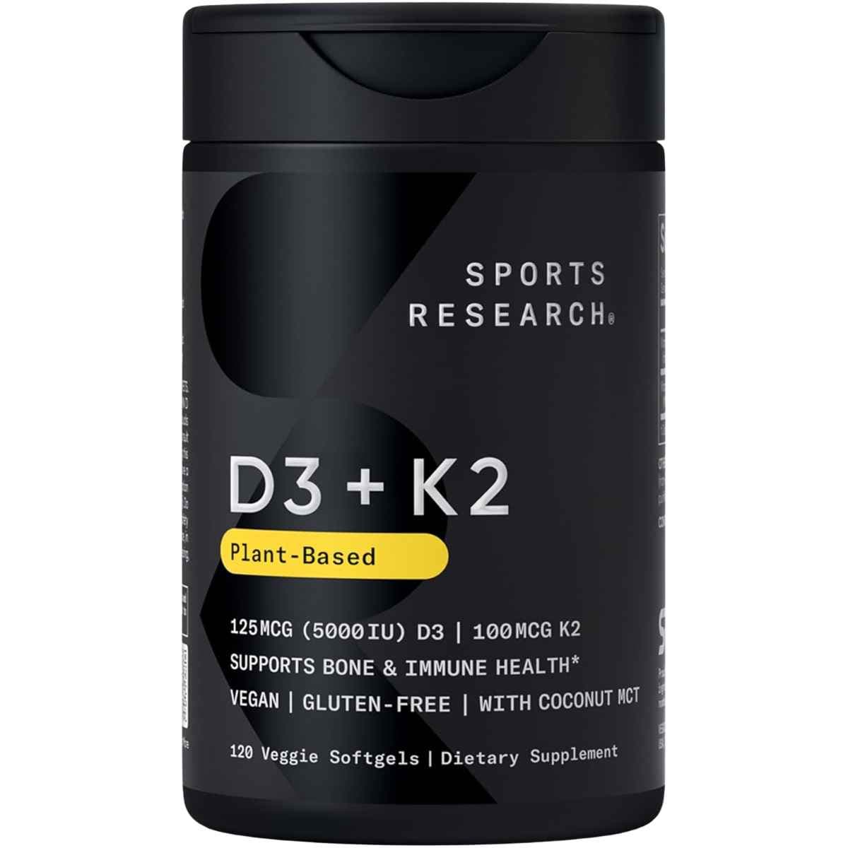 Frasco de suplemento Sports Research Vitamina D3 + K2 120 cápsulas blandas