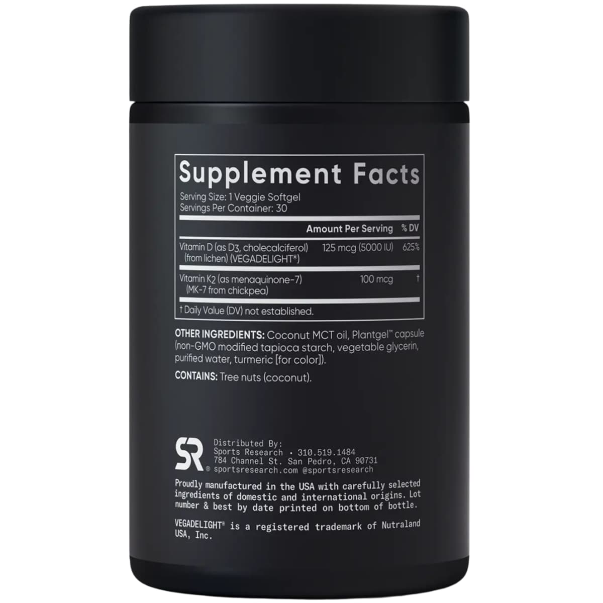 Tabla nutricional del suplemento Sports Research Vitamina D3 + K2 125 mcg y 100 mcg 30 cápsulas blandas