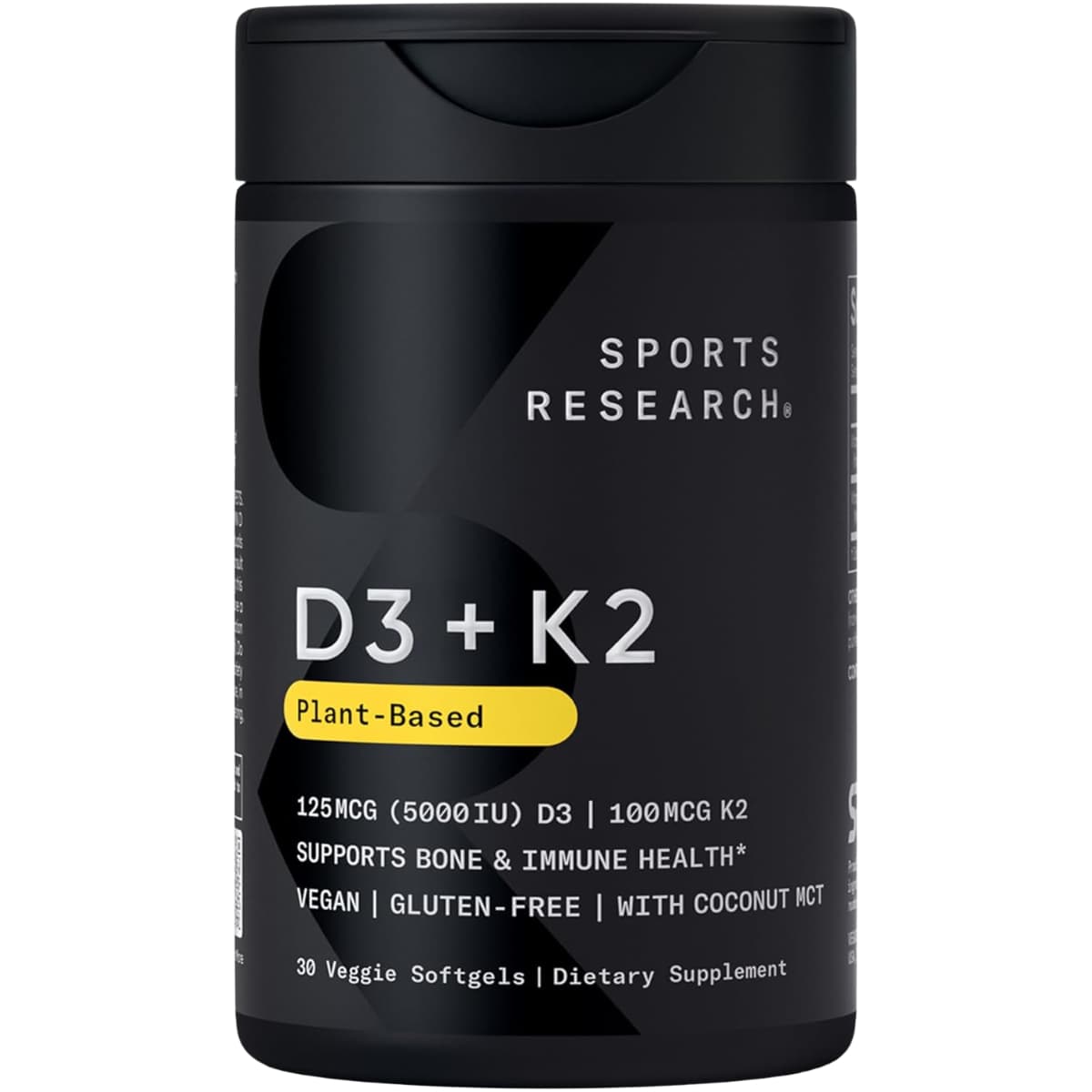 Frasco de suplemento Sports Research Vitamina D3 + K2 125 mcg y 100 mcg 30 cápsulas blanda