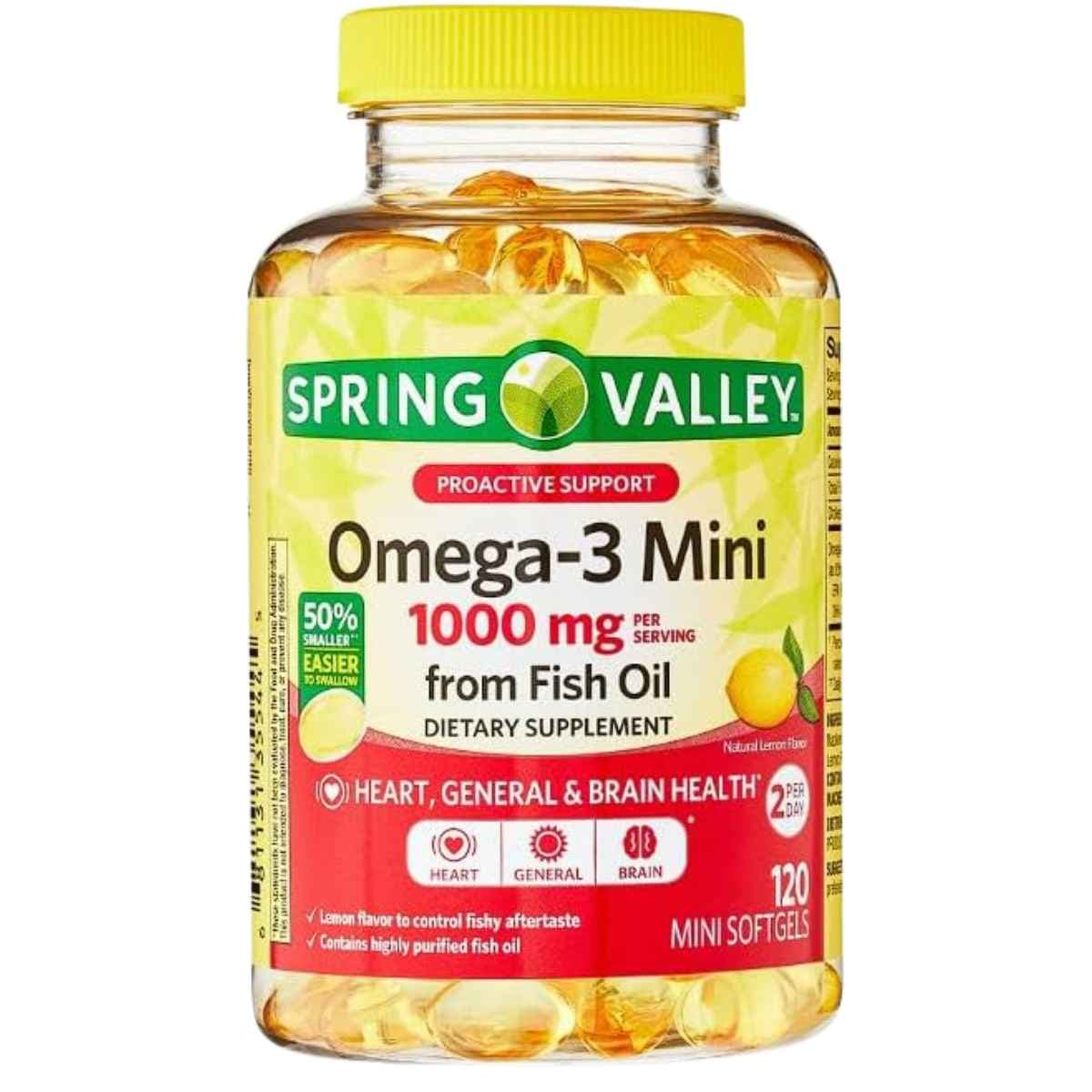 Frasco del suplemento Spring Valley Omega‑3 Mini 1000 mg en cápsulas blandas, presentación de 120 unidades.