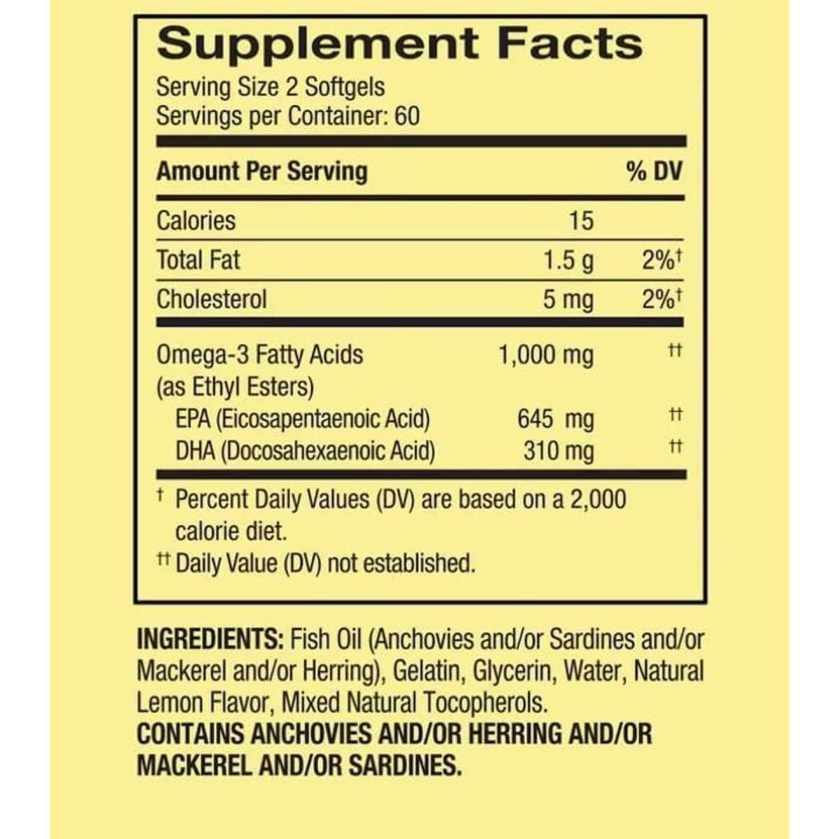 Etiqueta del suplemento Spring Valley Omega‑3 Mini con información nutricional, EPA y DHA por porción.