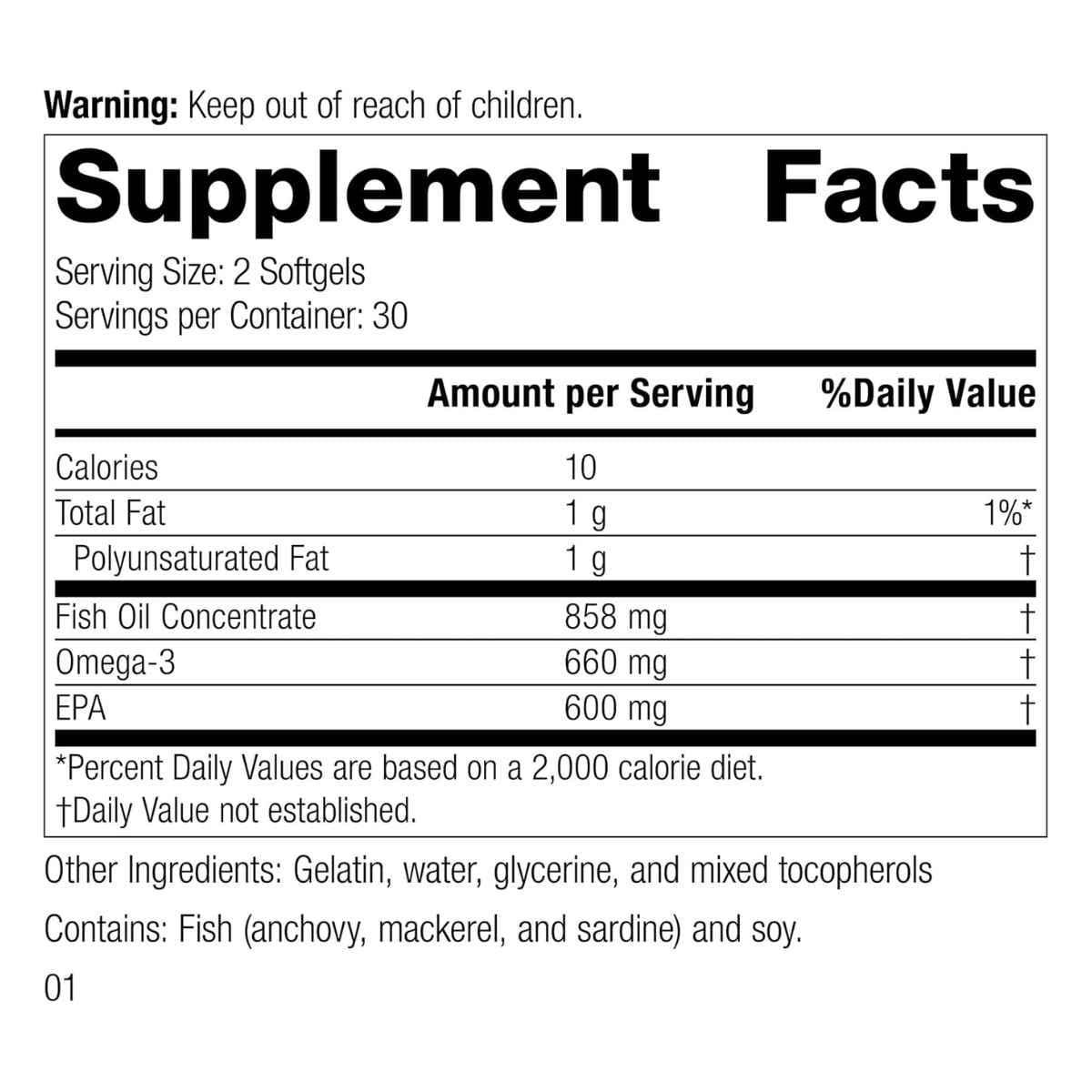 Panel de información del suplemento de Standard Process Olprima EPA con 600 mg de EPA por porción.