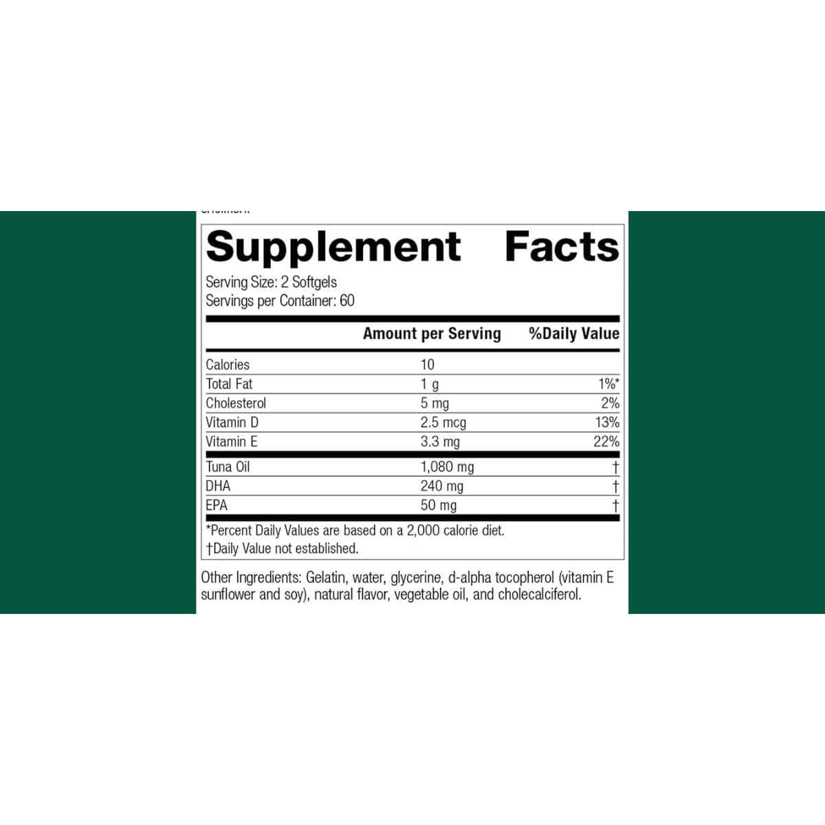 Panel de información del suplemento de Standard Process omega 3 de atún con DHA, EPA, vitamina D y vitamina E.