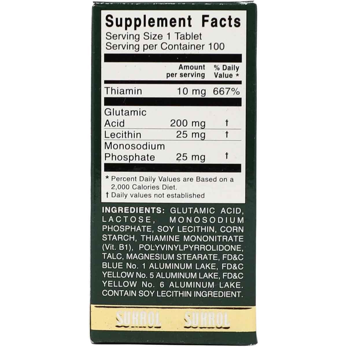 Tabla nutricional del suplemento Sukrol Ácido Glutámico Lecitina y Tiamina 100 tabletas