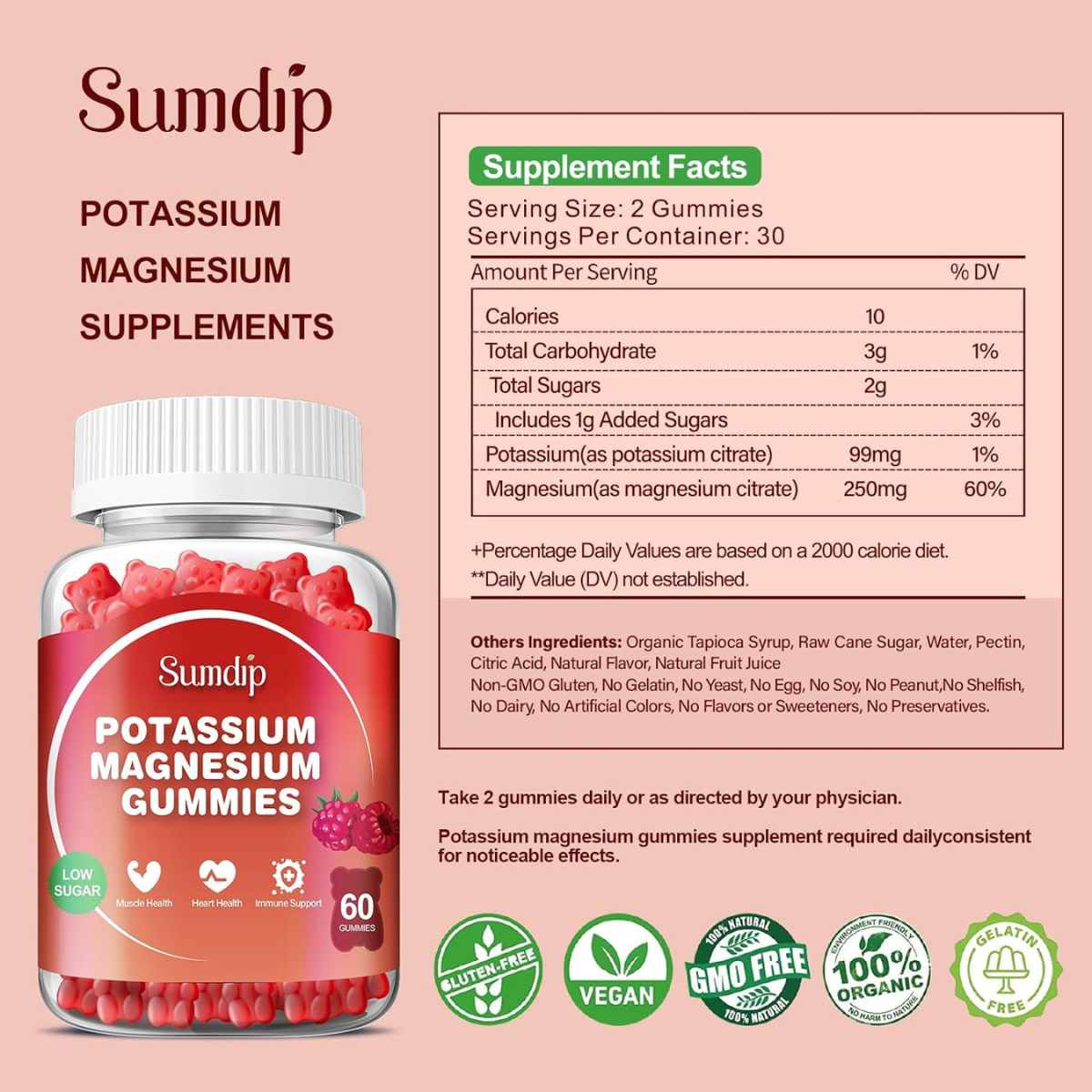 Tabla nutricional de Sumdip Citrato de Potasio y Magnesio con información de porciones e ingredientes