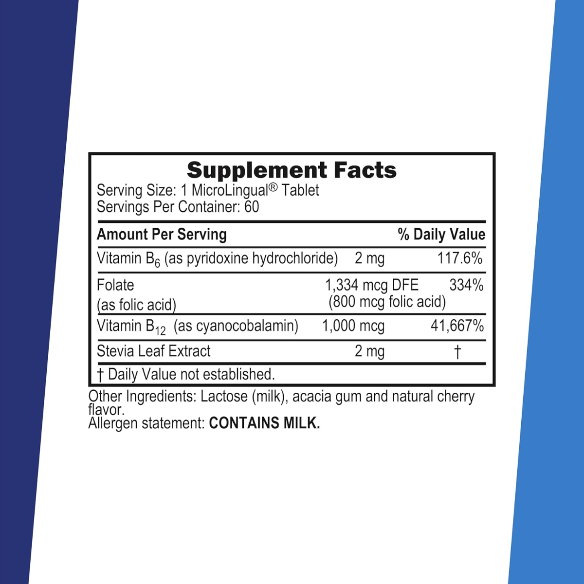 Tabla nutricional del suplemento Superior Source Cianocobalamina B-12 1000 mcg 60 tabletas
