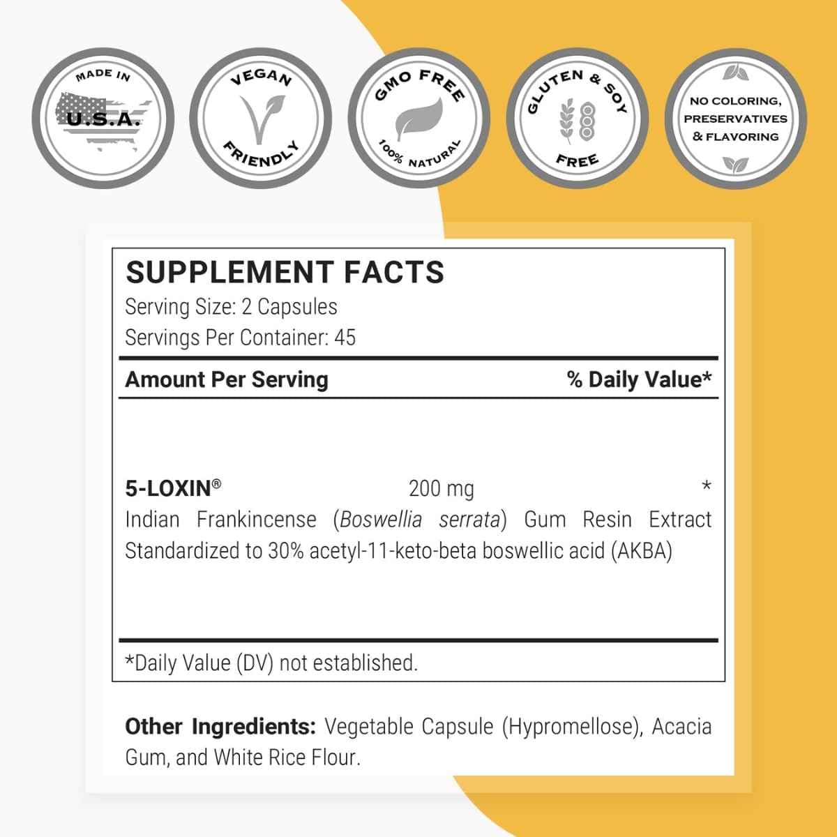 Tabla nutricional del suplemento SuperSmart Boswellia serrata 200 mg 90 cápsulas