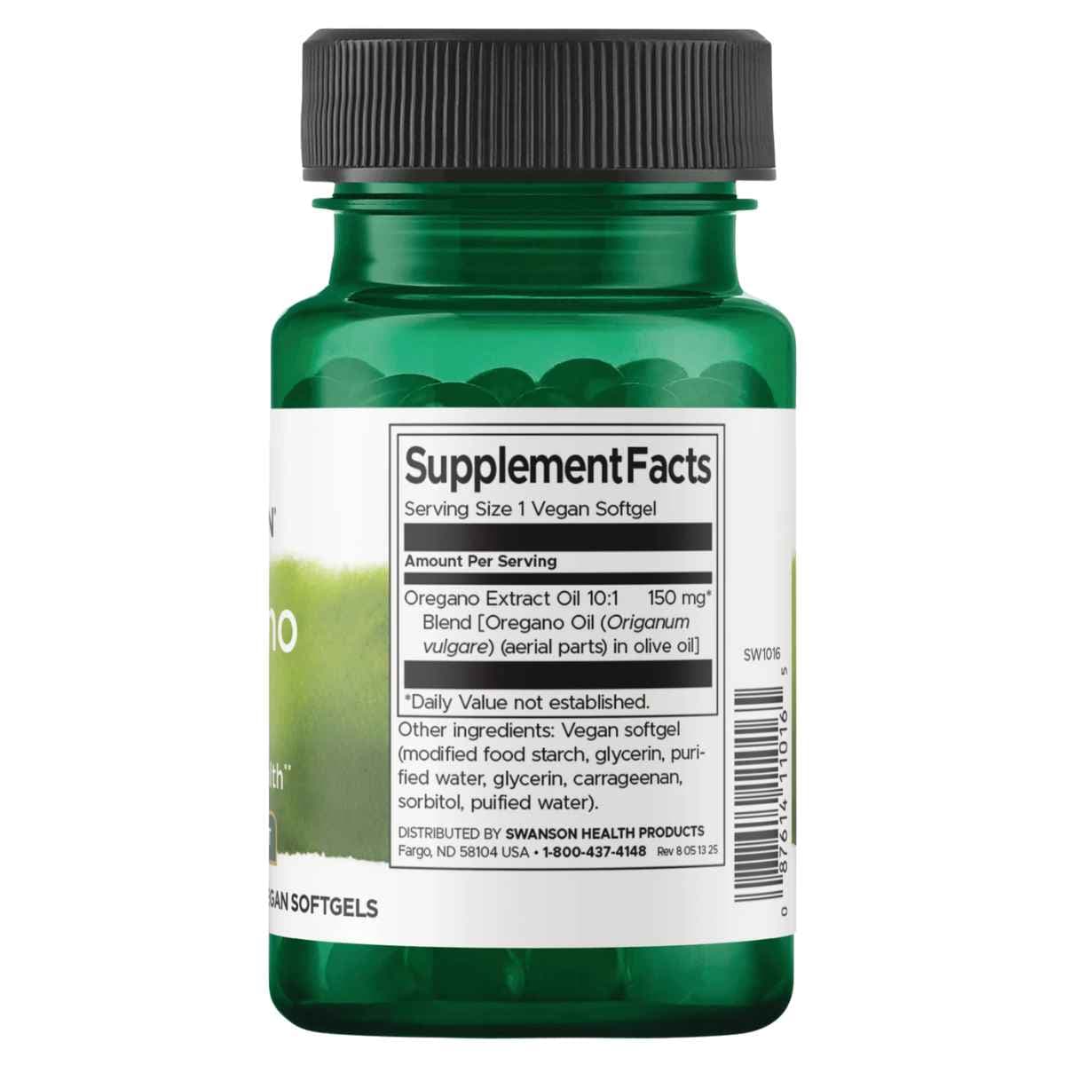 Tabla nutricional de Swanson Aceite de Orégano mostrando extracto 10:1 y dosis de 150 mg por cápsula blanda.