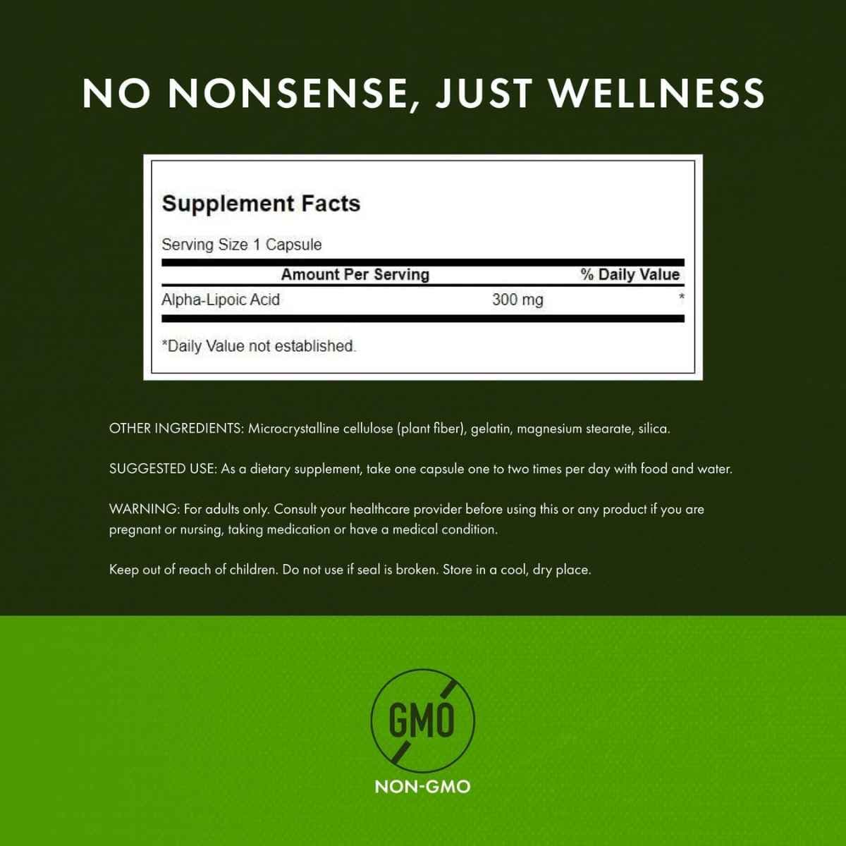 Tabla nutricional del suplemento Swanson Ácido Alfa Lipoico 300 mg 120 cápsulas