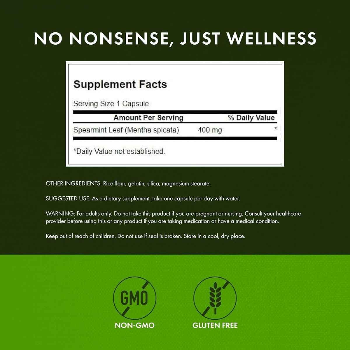 Tabla nutricional del suplemento Swanson Hoja de Hierbabuena (Spearmint) 400 mg - 60 Cápsulas