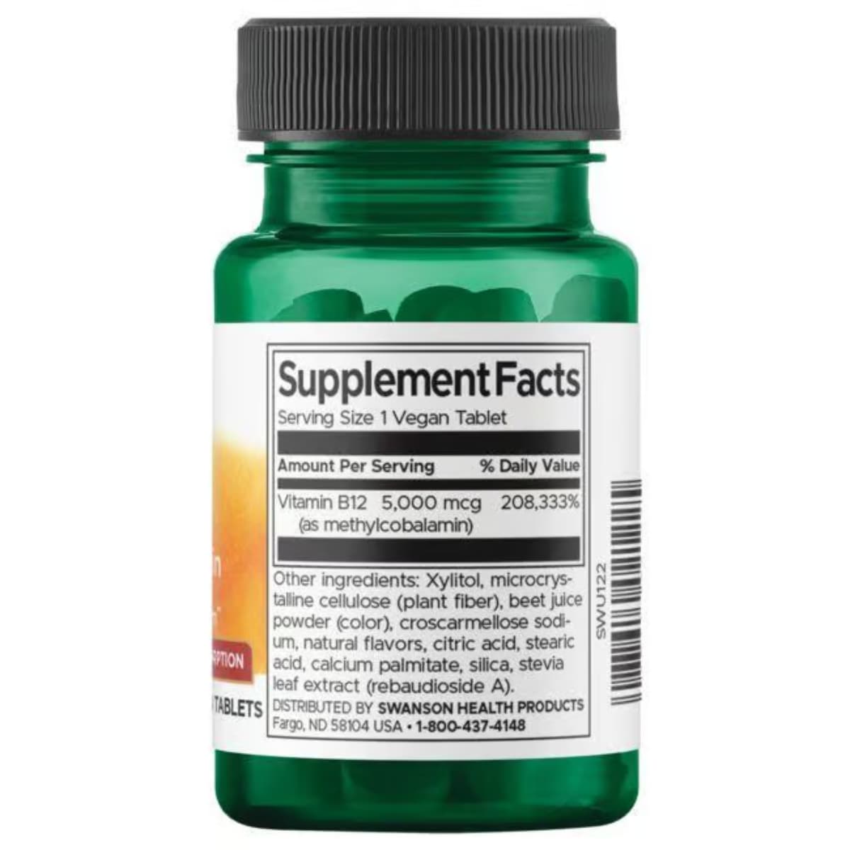 Tabla nutricional del suplemento Swanson Metilcobalamina 5000 mcg 60 tabletas veganas