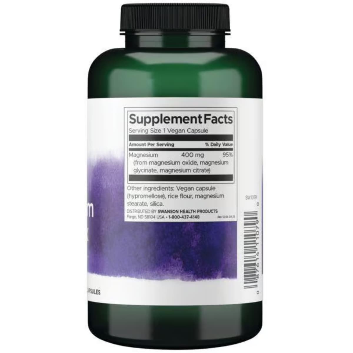 Tabla nutricional del suplemento Swanson Triple Magnesio 300 cápsulas