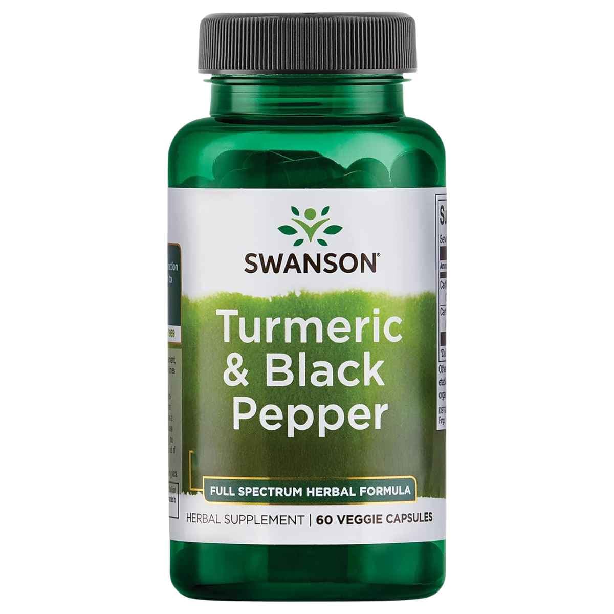 Frasco de Swanson Turmeric & Black Pepper cúrcuma con pimienta negra, presentación de 60 cápsulas vegetales