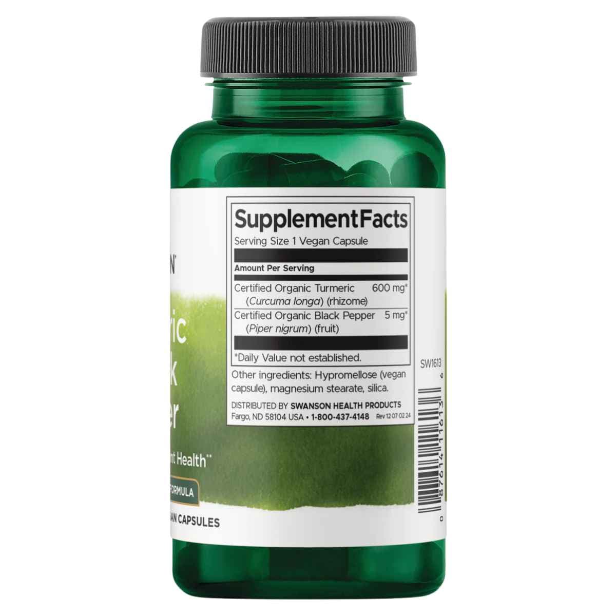 Etiqueta de suplemento de Swanson Turmeric & Black Pepper en presentación de 60 cápsulas vegetales