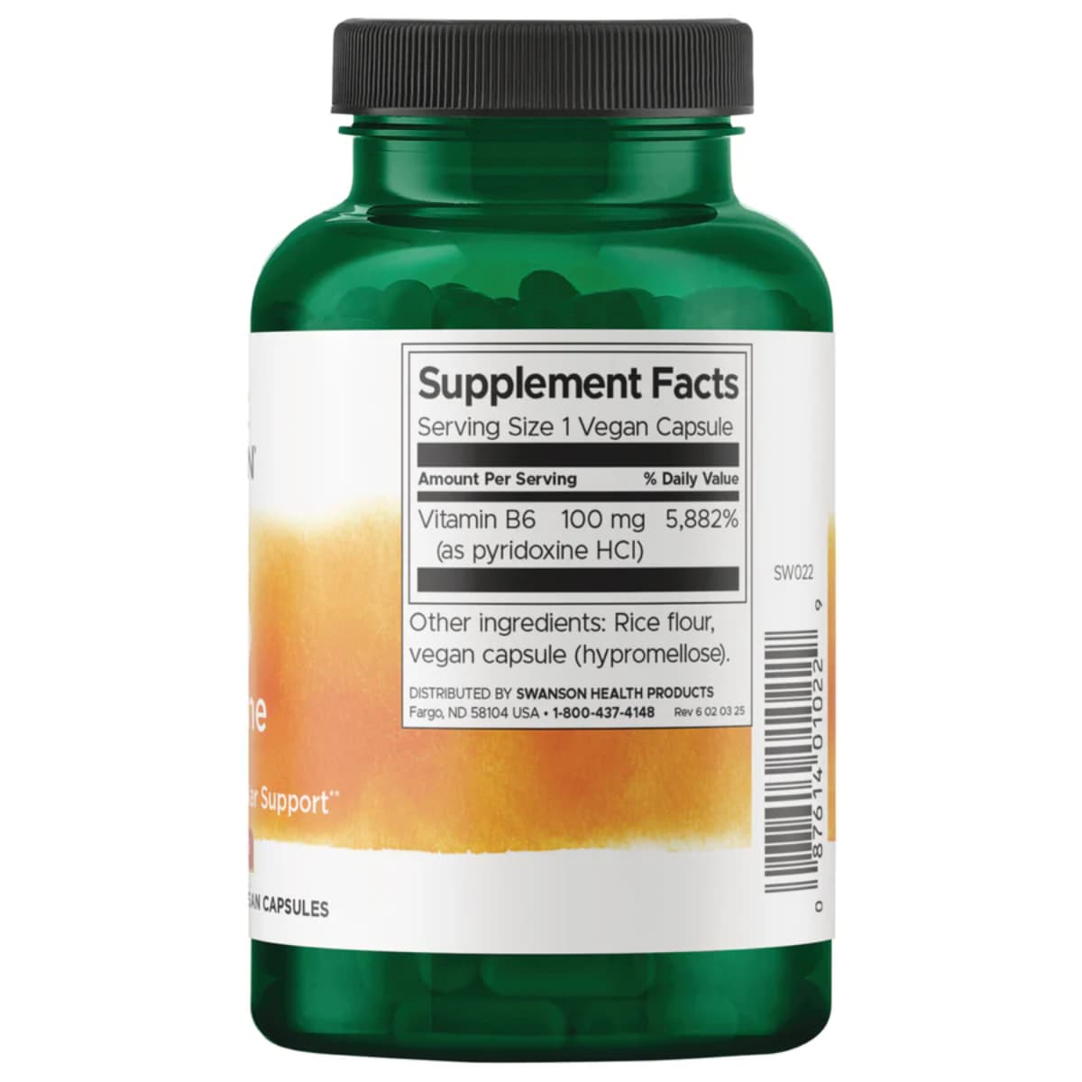 Etiqueta del frasco de Swanson Vitamina B6 Piridoxina 100 mg con información de ingredientes y suplemento